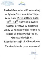 Przerwa w dostawie wody w miejscowości Rybno